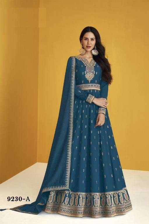 DESIGNER FANCY PARTY WEAR LONG RAMA BLUE ANARKALI SILK SALWAR SUIT AF HEERVA 9230A