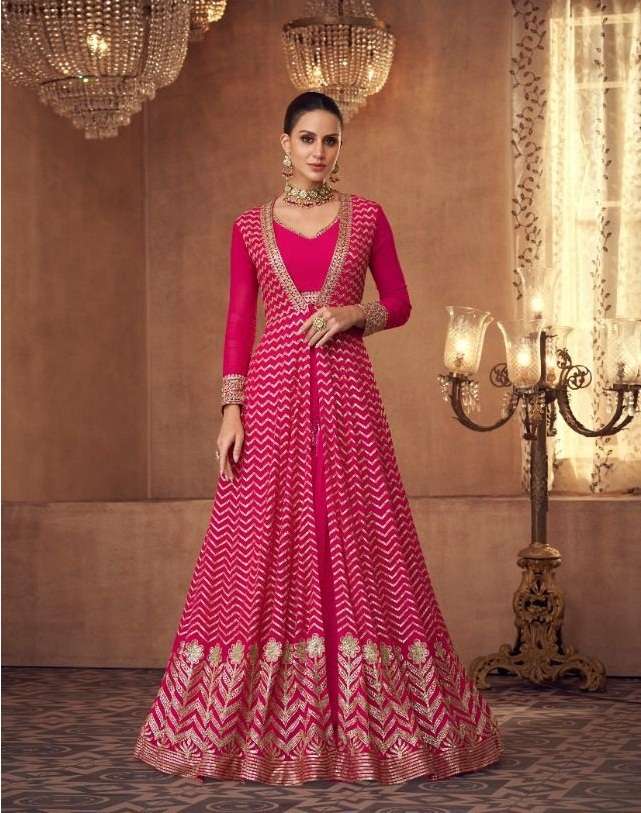 DESIGNER FANCY PARTY WEAR LONG RANI PINK ANARKALI GEORGETTE SALWAR SUIT SAYURI QUEEN 5223