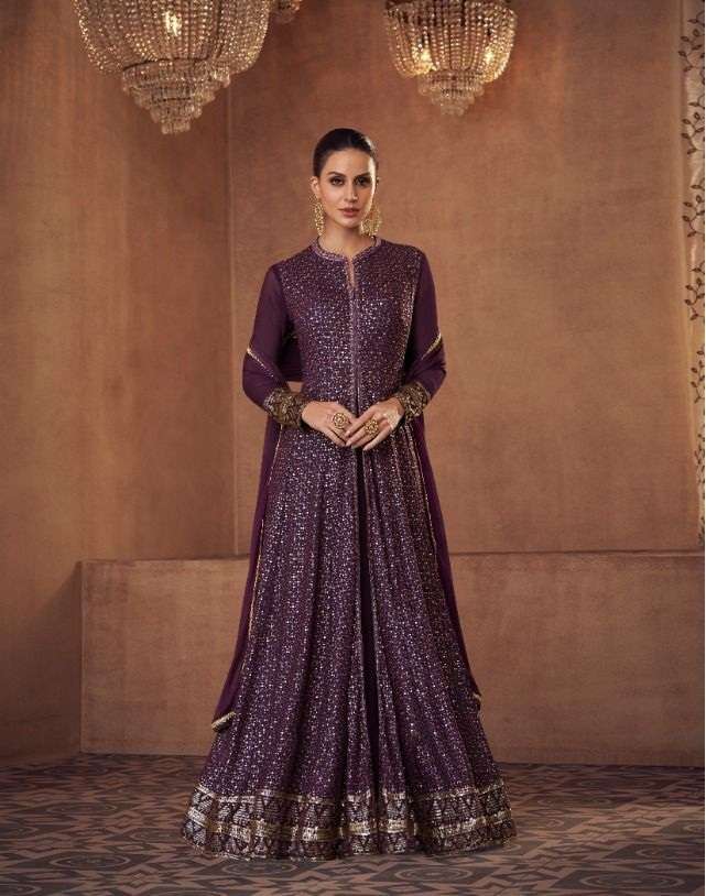 DESIGNER FANCY PARTY WEAR LONG WINE ANARKALI GEORGETTE SALWAR SUIT SAYURI QUEEN 5224