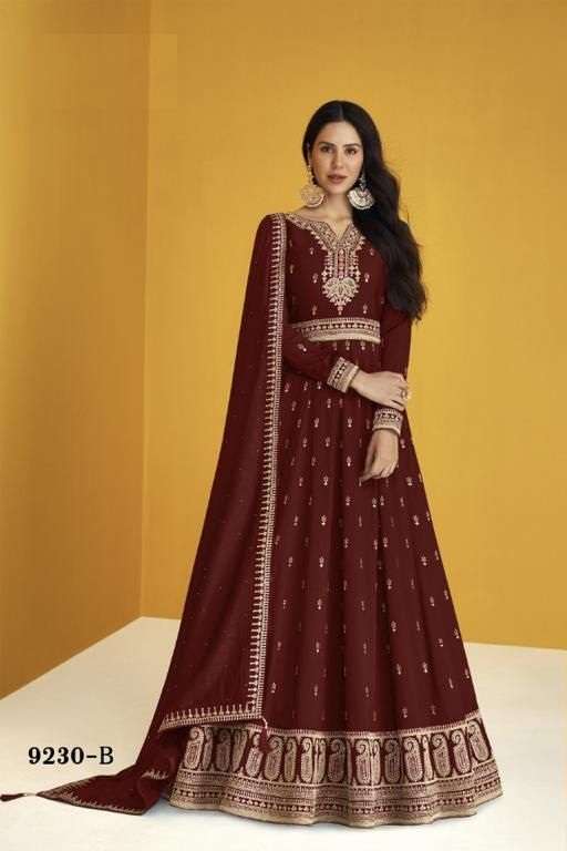 DESIGNER FANCY PARTY WEAR MAROON LONG ANARKALI SILK SALWAR SUIT AF HEERVA 9230B