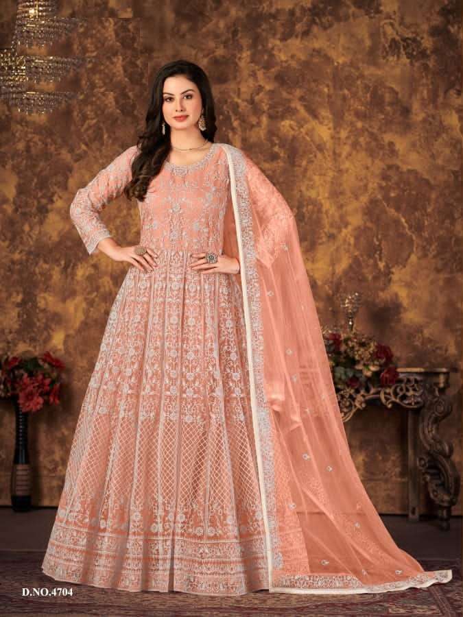 DESIGNER FANCY PARTY WEAR ORANGE LONG ANARKALI NET SALWAR SUIT AANAYA 4704