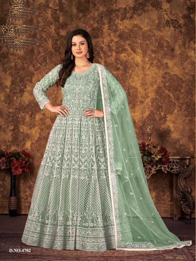 DESIGNER FANCY PARTY WEAR PISTA GREEN LONG ANARKALI NET SALWAR SUIT AANAYA 4702