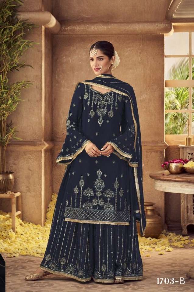 DESIGNER FANCY PARTY WEAR SHARARA BLUE PALAZZO GEORGETTE SALWAR SUIT JG GLOSSY 1703 B