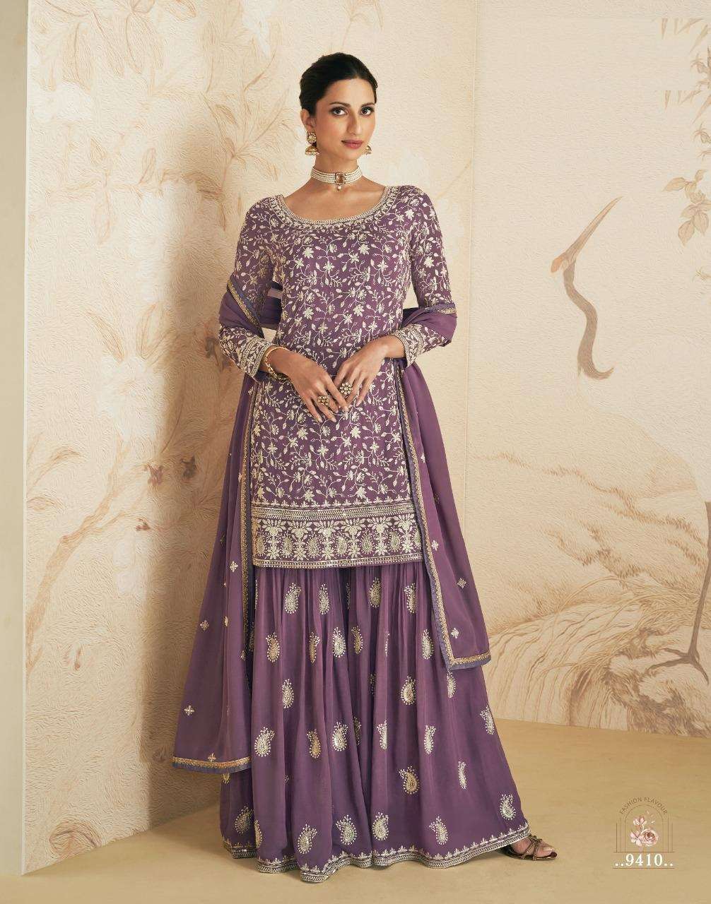 DESIGNER FANCY PARTY WEAR SHARARA PALAZZO GEORGETTE SALWAR SUIT AF ELAN 9410