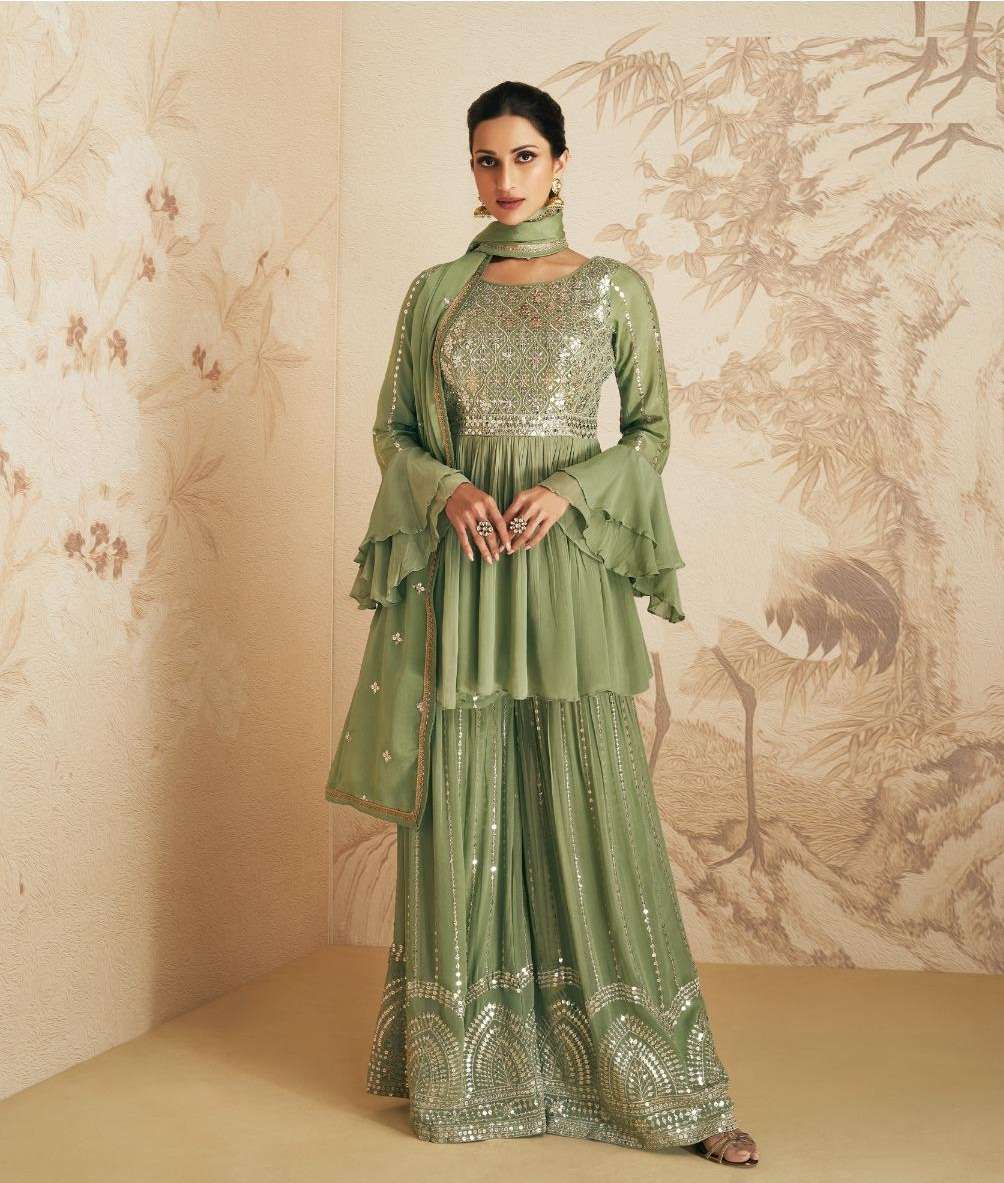 DESIGNER FANCY PARTY WEAR SHARARA PALAZZO GEORGETTE SALWAR SUIT AF ELAN 9411