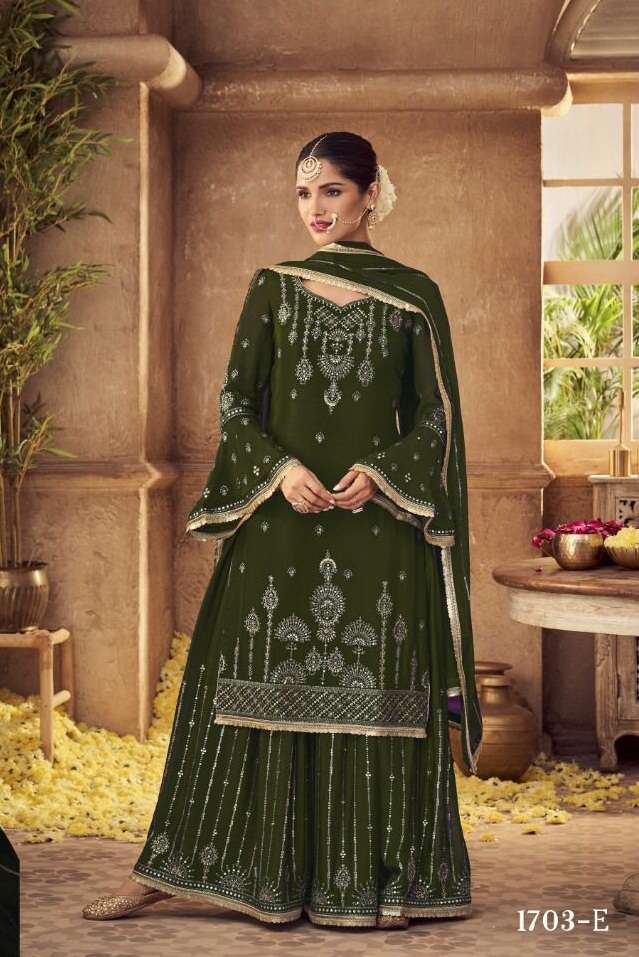 DESIGNER FANCY PARTY WEAR SHARARA PALAZZO GEORGETTE SALWAR SUIT JG GLOSSY 1703 E