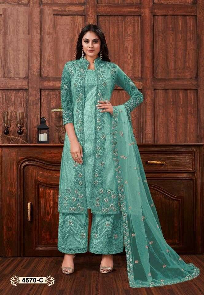 DESIGNER FANCY WEDDING PARTY FESTIVAL WEAR BUTTERFLY NET SALWAR SUIT VIPUL JG 4570C