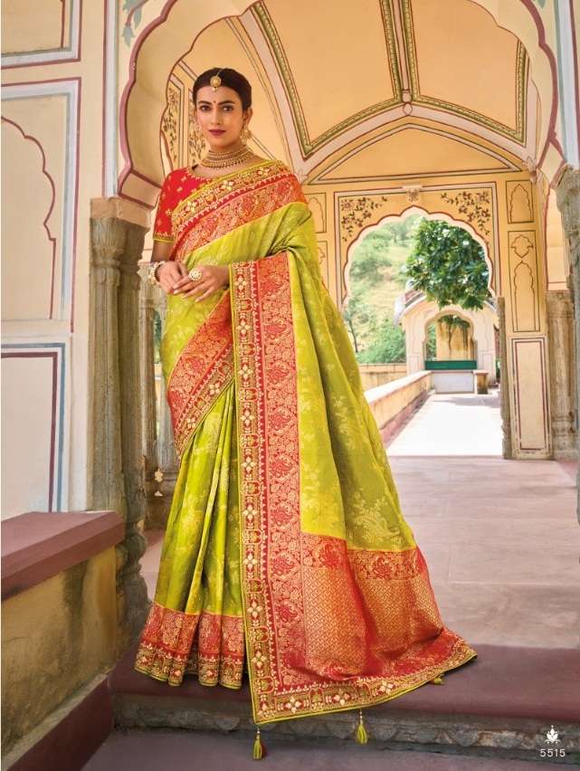 DESIGNER FANCY WEDDING PARTY WEAR DESIGNER PISTA GREEN BANARASI SILK FABRIC TATHASTU 5515