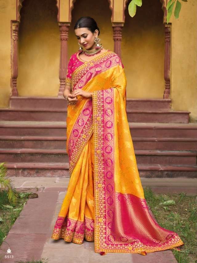 DESIGNER FANCY WEDDING PARTY WEAR DESIGNER YELLOW BANARASI SILK FABRIC TATHASTU 5513