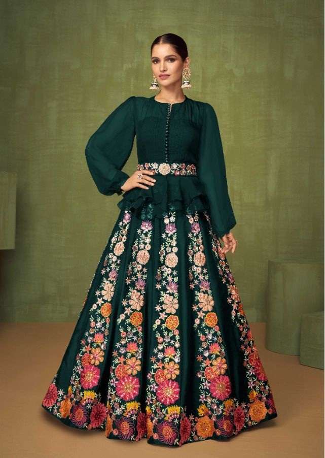 DESIGNER FANCY WEDDING PARTY WEAR HEAVY GREEN GOWN IN REAL GEORGETTE FABRIC GUL 5206 A