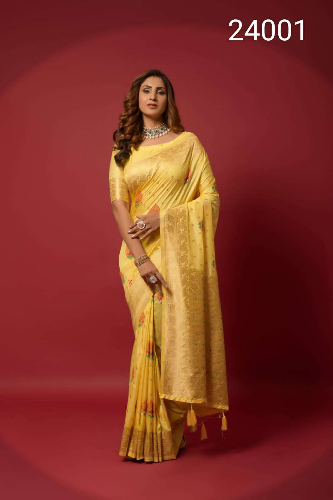 DESIGNER FANCY WEDDING YELLOW PARTY WEAR DESIGNER BANARASI SILK FABRIC SAREE RAJPATH SM-24001