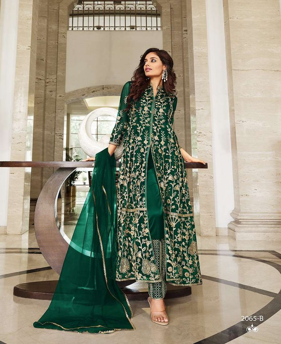 DESIGNER TRENDY WEDDING PARTY WEAR BUTTERFLY GREEN NET LONG SALWAR SUIT SENHORA SHARMIN 2065 B