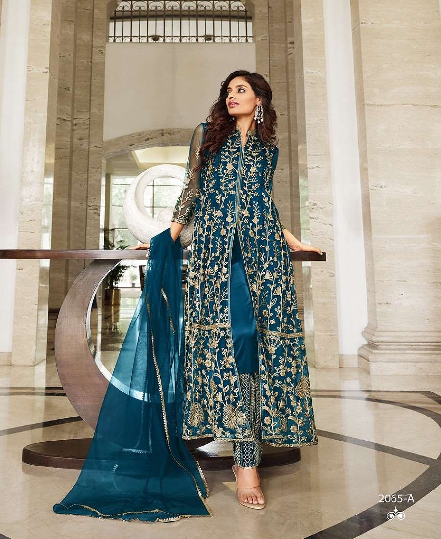 DESIGNER TRENDY WEDDING PARTY WEAR BUTTERFLY RAMA NET LONG SALWAR SUIT SENHORA SHARMIN 2065 A