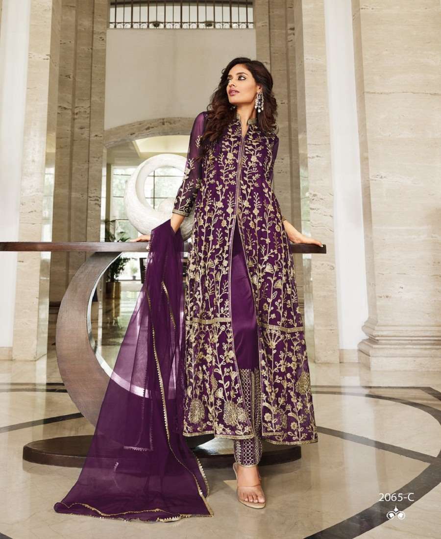 DESIGNER TRENDY WEDDING PARTY WEAR BUTTERFLY WINE NET LONG SALWAR SUIT SENHORA SHARMIN 2065 C