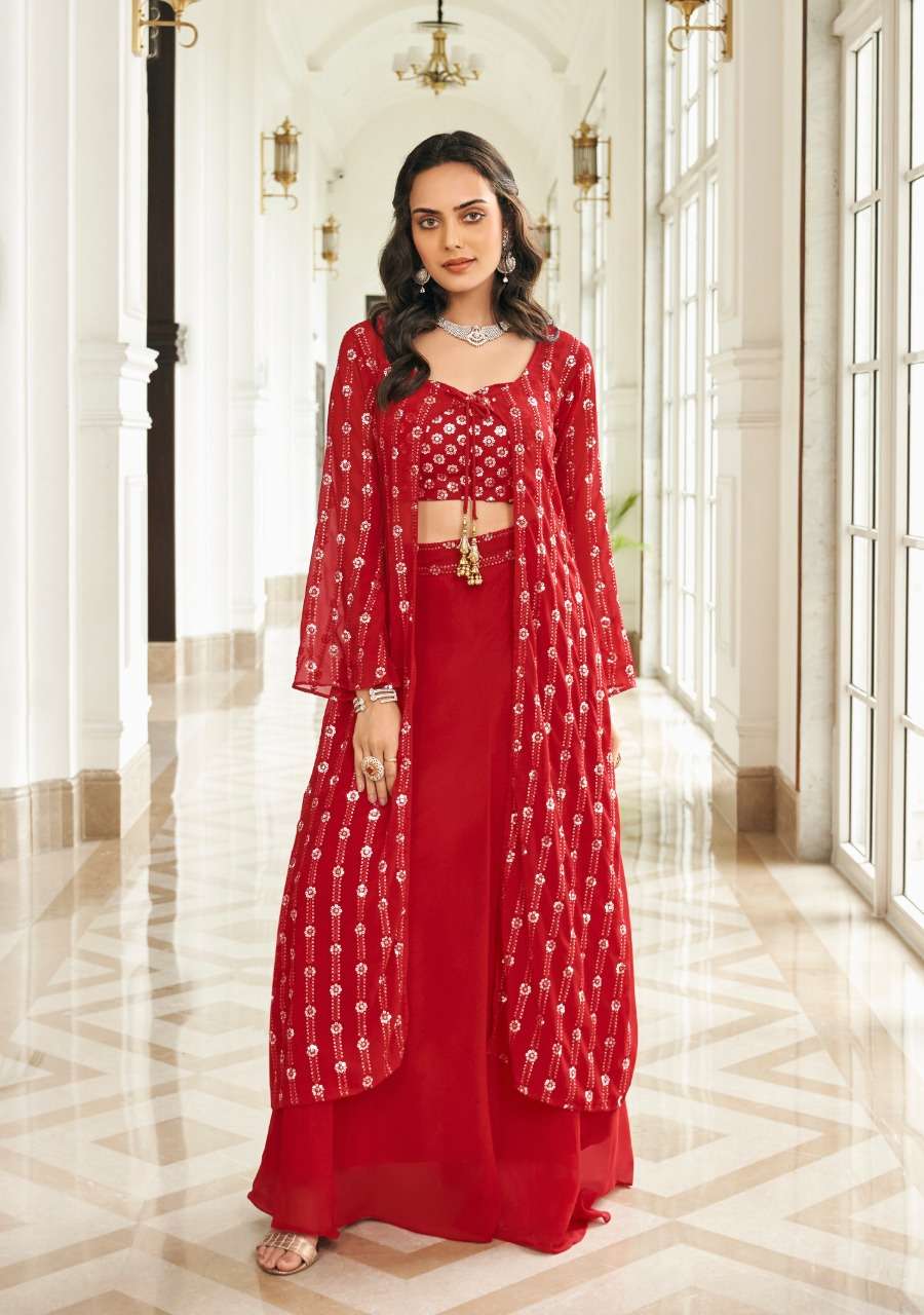 DESIGNER WEDDING PARTY WEAR RED KOTI JACKET STYLE SALWAR SUIT WITH SHARARA SHREEMATEE FASHION 133