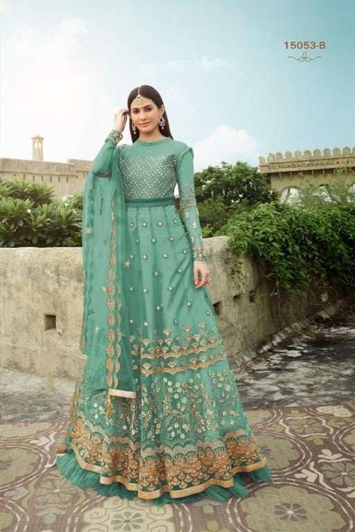 HEAVY DESIGNER FANCY WEDDING PARTY WEAR NET ANARKALI SALWAR SUIT WEAR 15053B