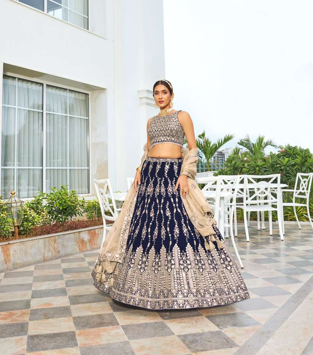 BEST DESIGNER BLUE PARTY WEAR BRIDAL WEDDING HEAVY SILK LEHENGA CHOLI NAVKAR SM7