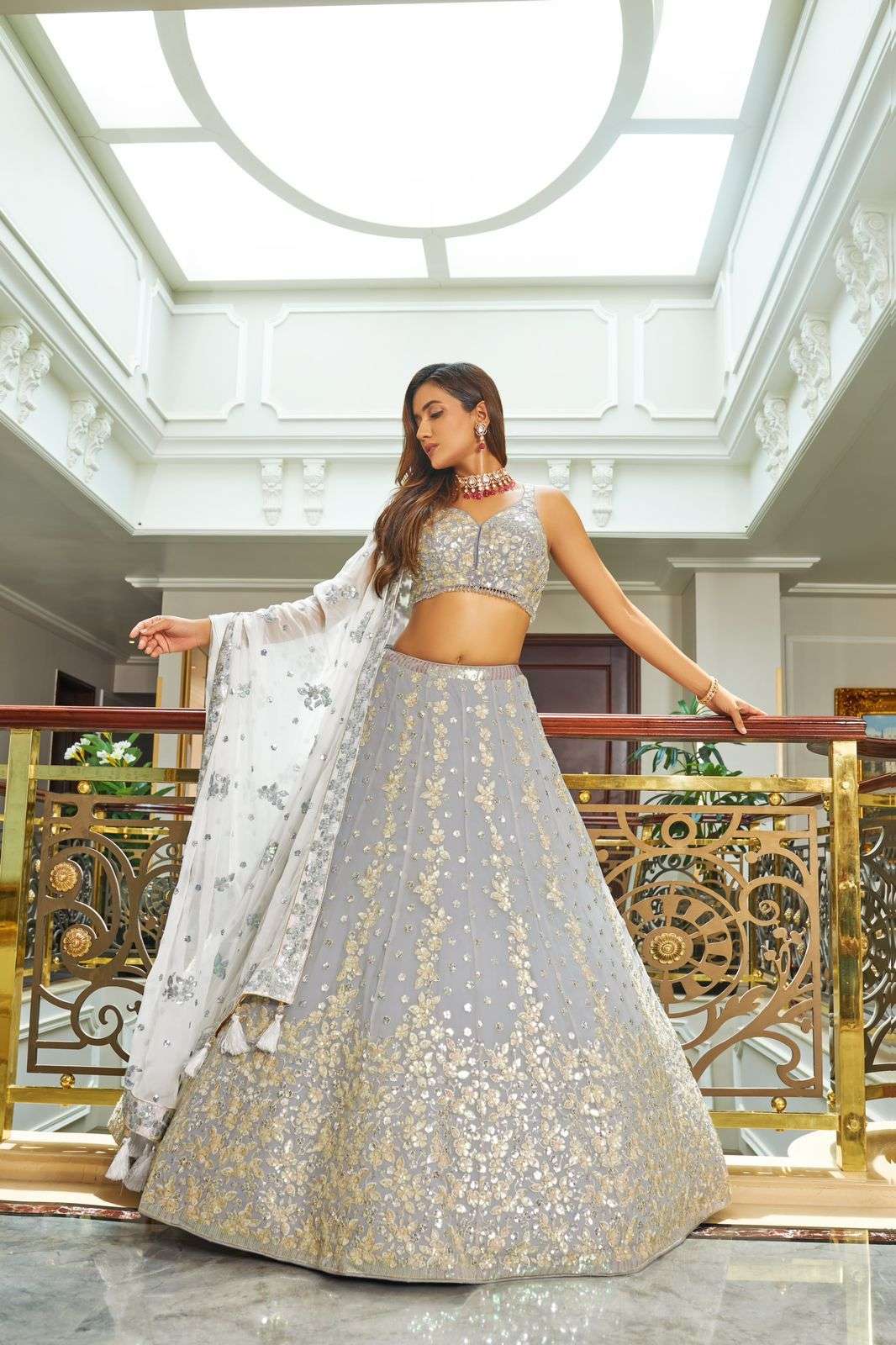 BEST DESIGNER GREY PARTY WEAR BRIDAL WEDDING HEAVY SILK LEHENGA CHOLI NAVKAR SM 1