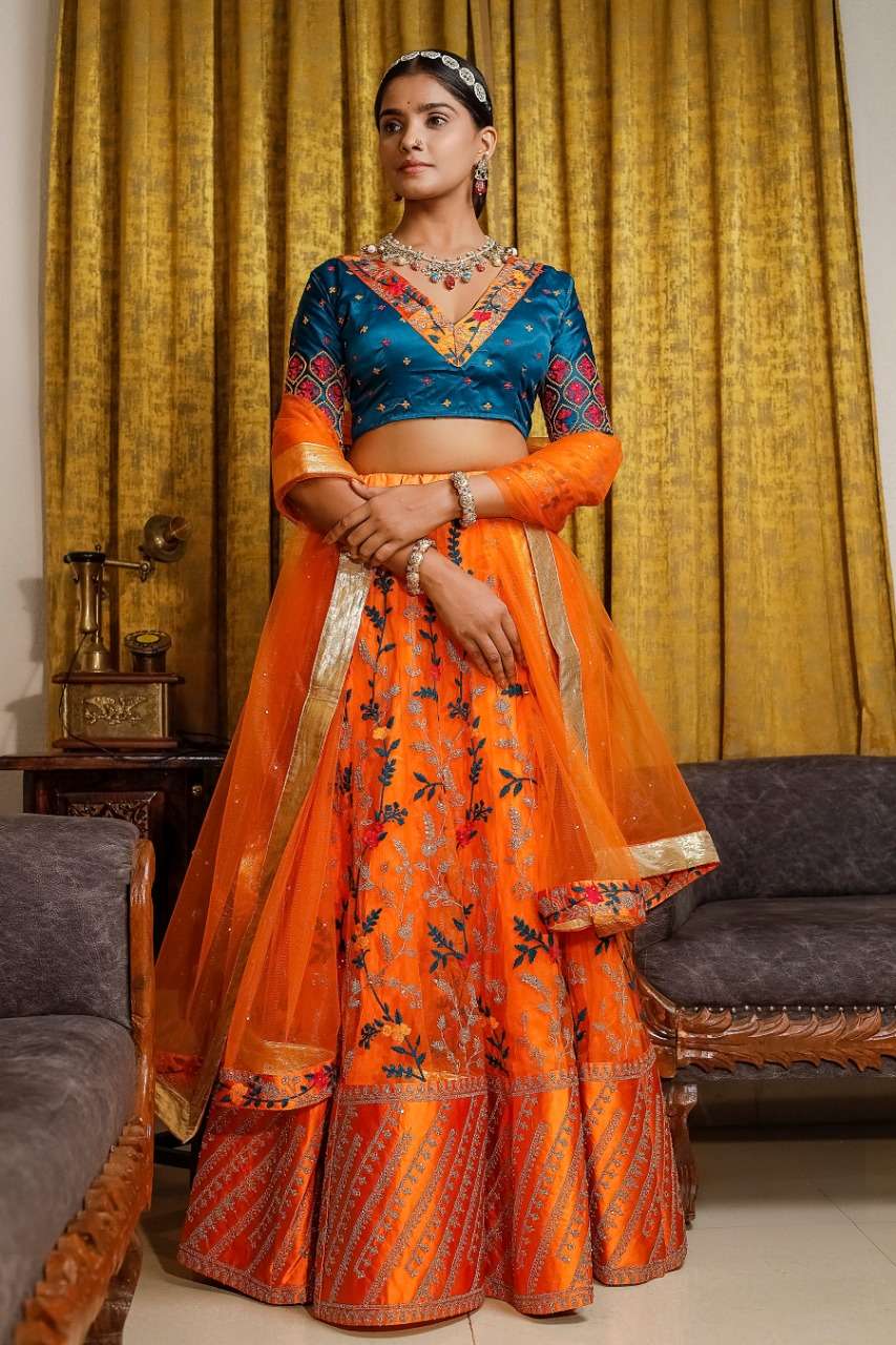 BEST DESIGNER PARTY WEAR ORANGE BRIDAL WEDDING HEAVY NET LEHENGA CHOLI ANANTESH FLAIRT BEATS1017