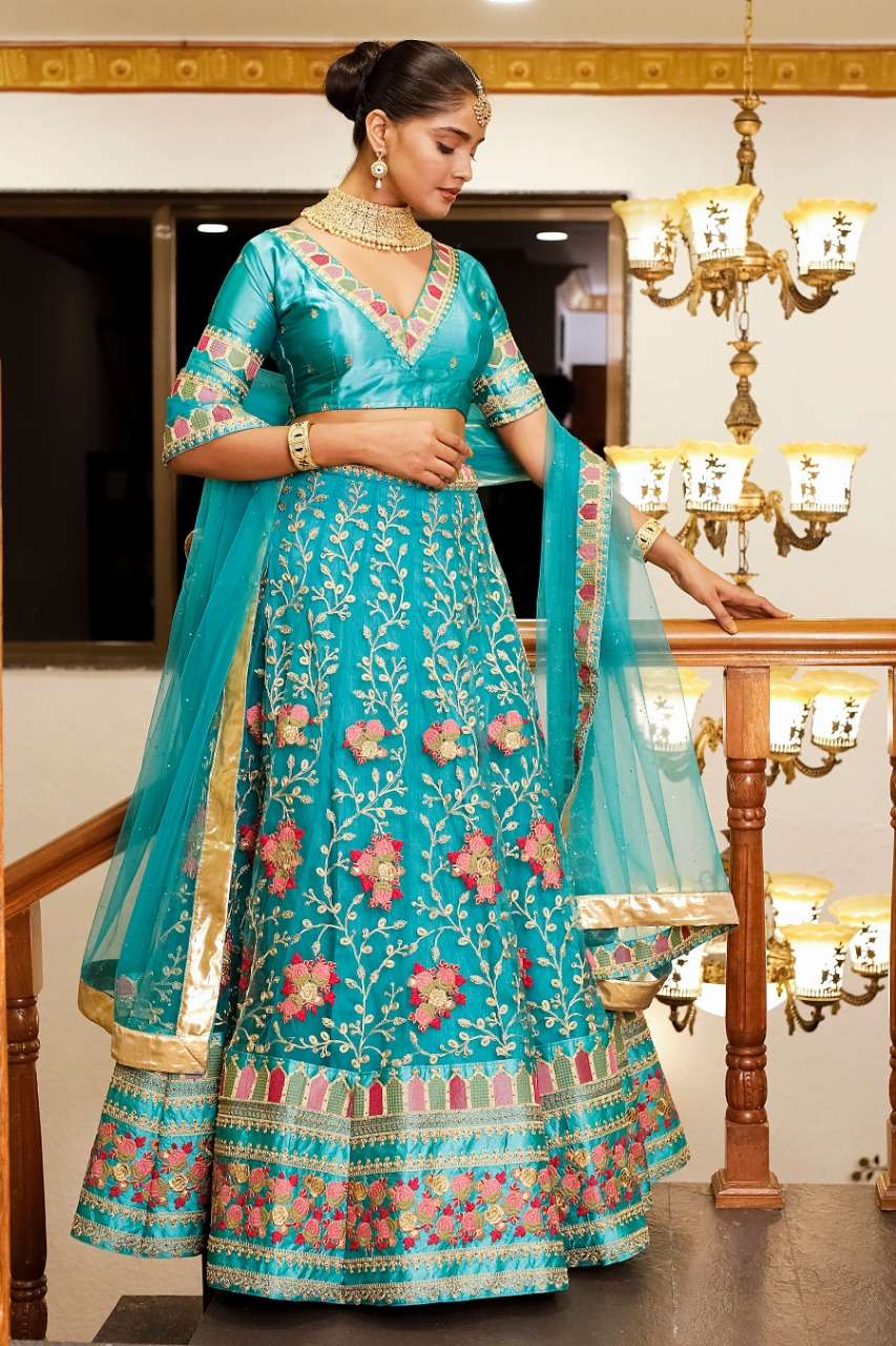 BEST DESIGNER PARTY WEAR SKY BLUE BRIDAL WEDDING HEAVY NET LEHENGA CHOLI ANANTESH FLAIRT BEATS1015