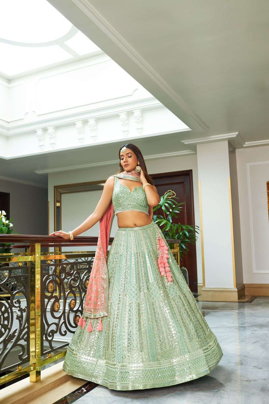 BEST DESIGNER PISTA PARTY WEAR BRIDAL WEDDING HEAVY SILK LEHENGA CHOLI NAVKAR SM8