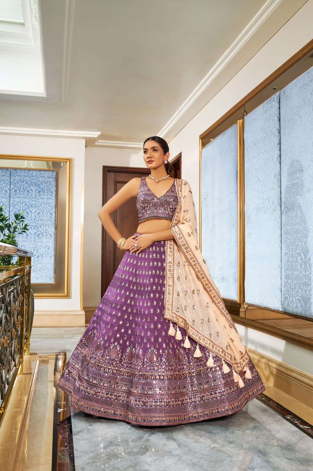 BEST DESIGNER PURPLE PARTY WEAR BRIDAL WEDDING HEAVY SILK LEHENGA CHOLI NAVKAR SM6