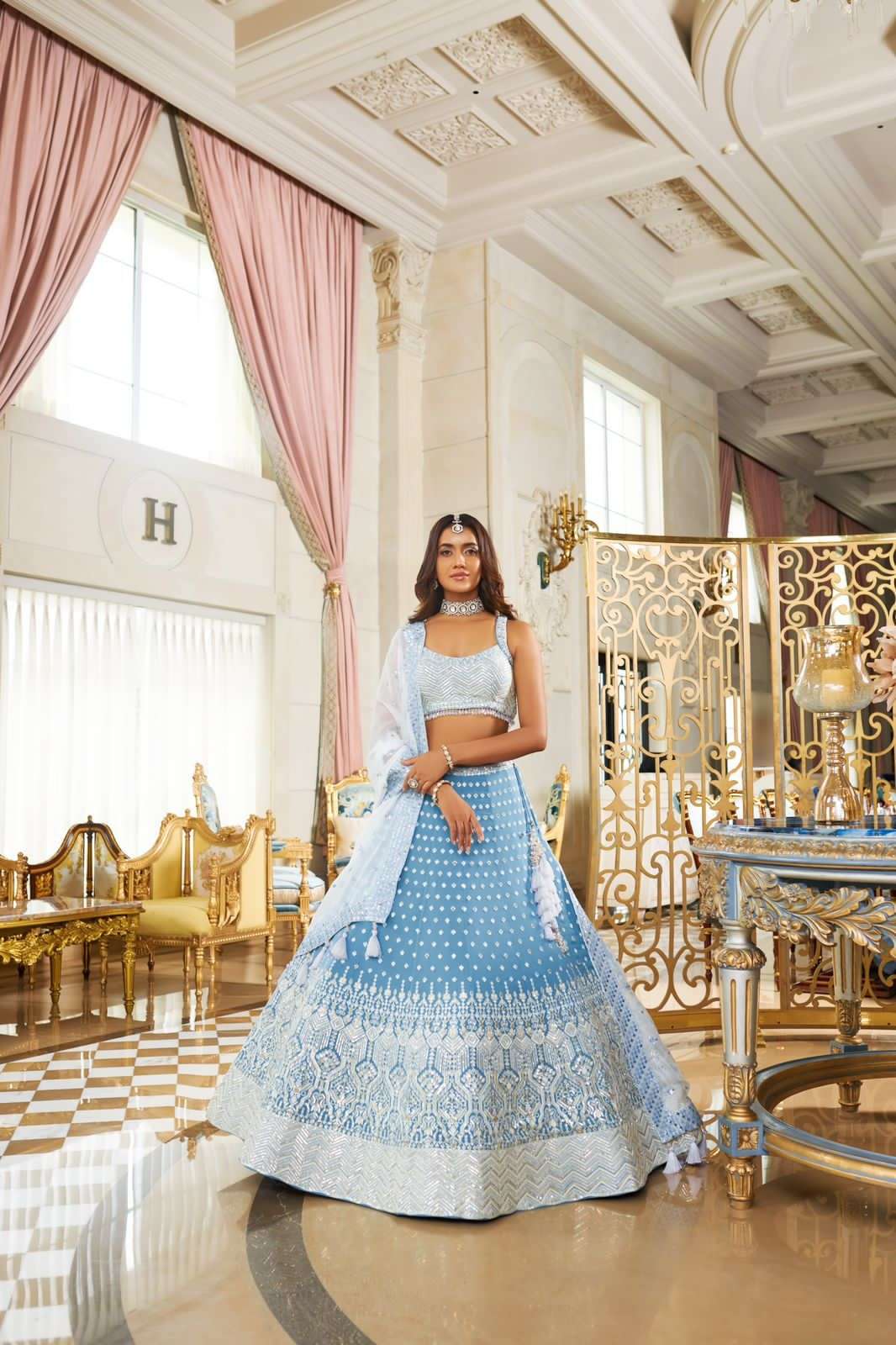 BEST DESIGNER SKY BLUE PARTY WEAR BRIDAL WEDDING HEAVY SILK LEHENGA CHOLI NAVKAR SM5