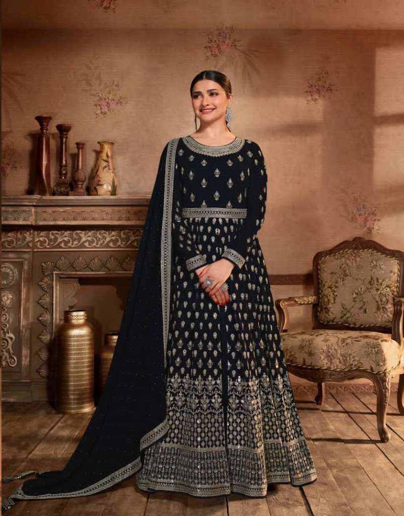 DESIGNER FANCY BLACK LONG ANARKALI GOWN SALWAR SUIT FOR WEDDING PARTY WEAR IN GEORGETTE FABRIC RH VINAY FASHION 61445