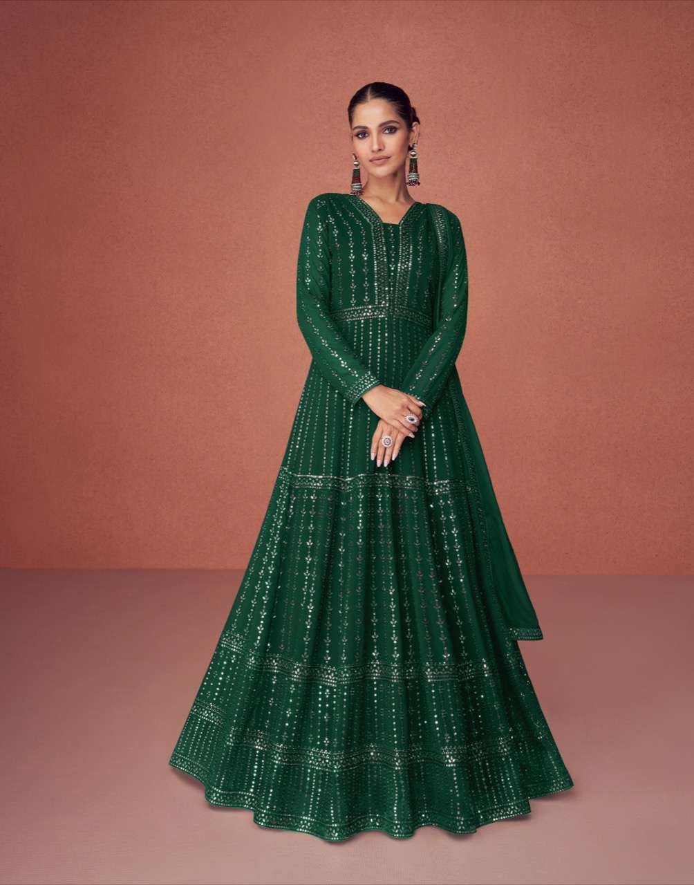 DESIGNER FANCY GREEN LONG ANARKALI GOWN SALWAR SUIT FOR WEDDING PARTY WEAR IN GEORGETTE FABRIC AF SEASON 9456