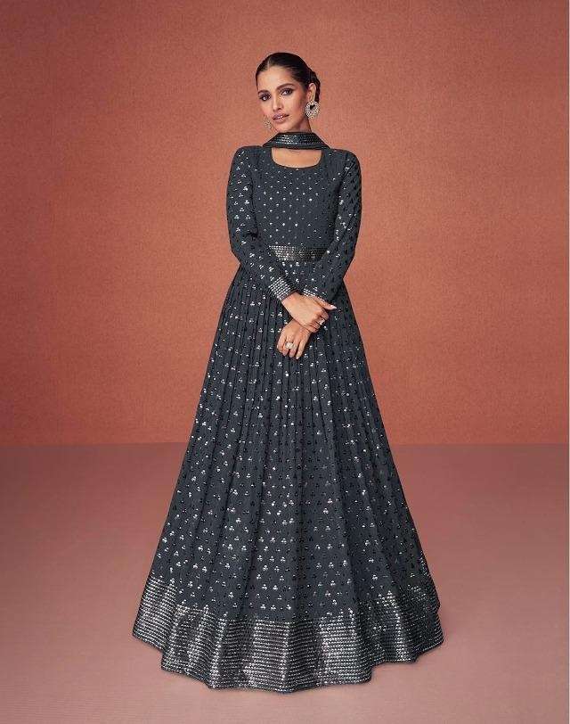 DESIGNER FANCY LONG BLACK ANARKALI GOWN SALWAR SUIT FOR WEDDING PARTY WEAR IN GEORGETTE FABRIC AF SEASON 9363 B