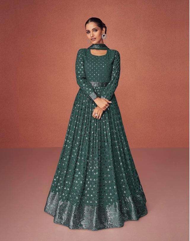 DESIGNER FANCY LONG GREEN PANARKALI GOWN SALWAR SUIT FOR WEDDING PARTY WEAR IN GEORGETTE FABRIC AF SEASON 9363 D