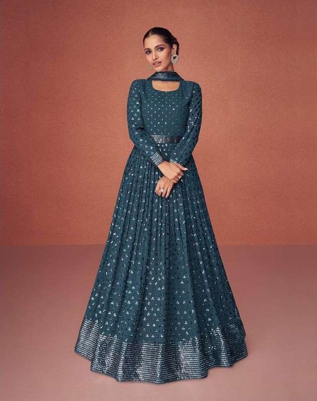 DESIGNER FANCY LONG RAMA BLUE ANARKALI GOWN SALWAR SUIT FOR WEDDING PARTY WEAR IN GEORGETTE FABRIC AF SEASON 9363 E