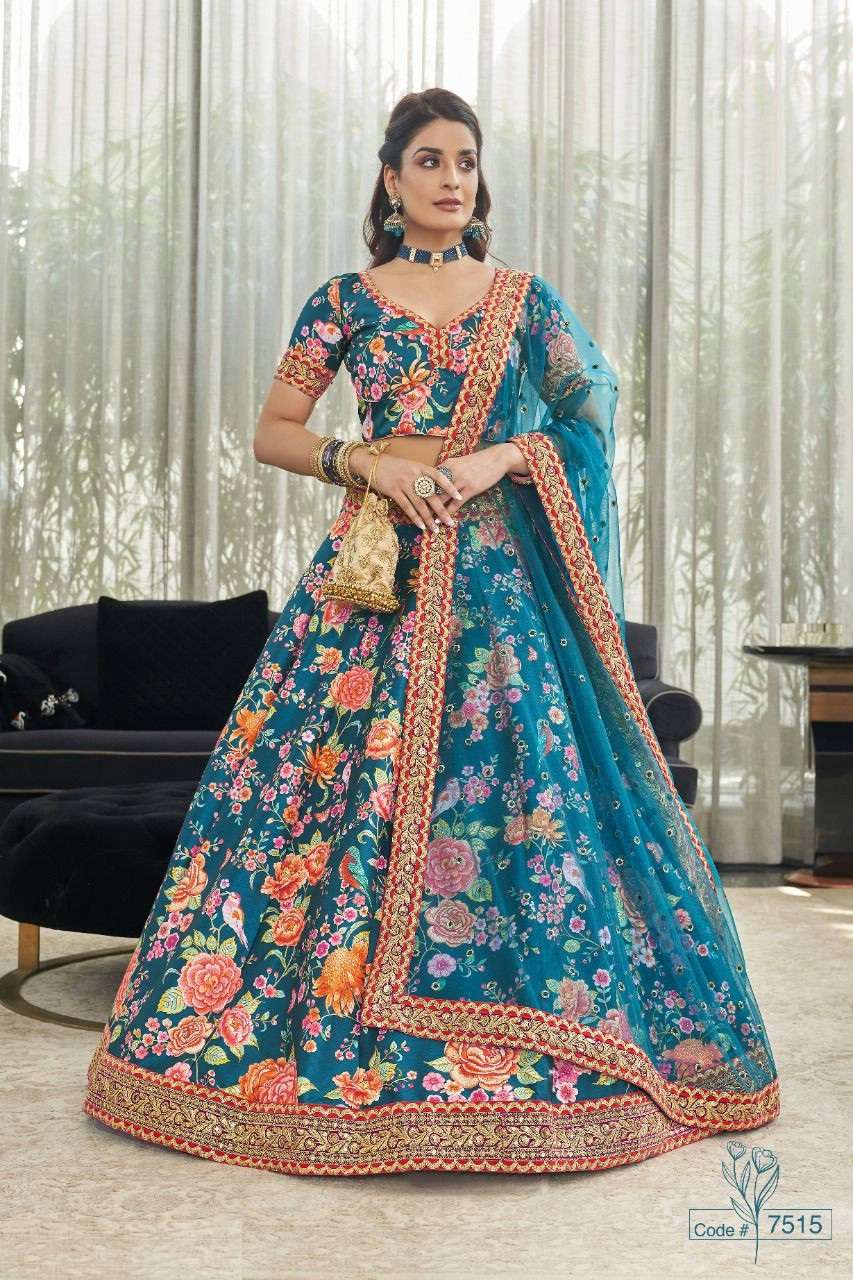 DESIGNER FANCY NEW TRENDY PARTY WEAR BLUE ART SILK PRINTED LEHENGA CHOLI DST ZEEL CLOTHING CARNATION 7215