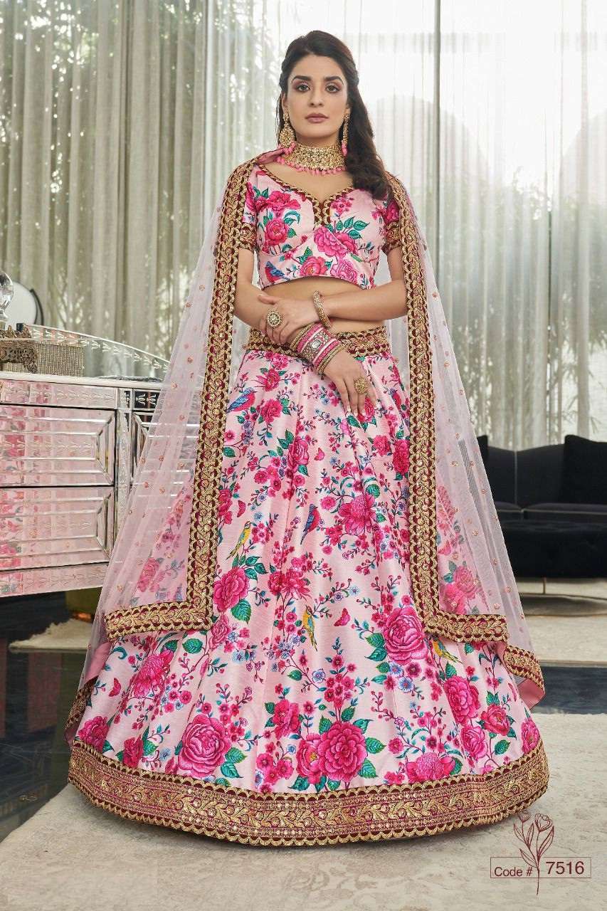 DESIGNER FANCY NEW TRENDY PARTY WEAR LIGHT PINK ART SILK PRINTED LEHENGA CHOLI DST ZEEL CLOTHING CARNATION 7216