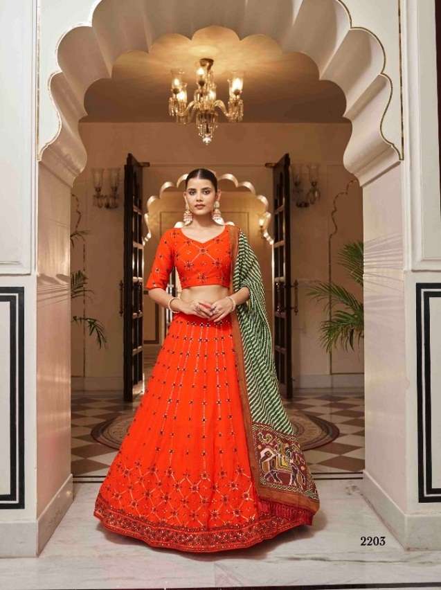 DESIGNER FANCY NEW TRENDY PARTY WEAR ORANGE GEORGETTE LEHENGA CHOLI KF BRIDESMAID 2203