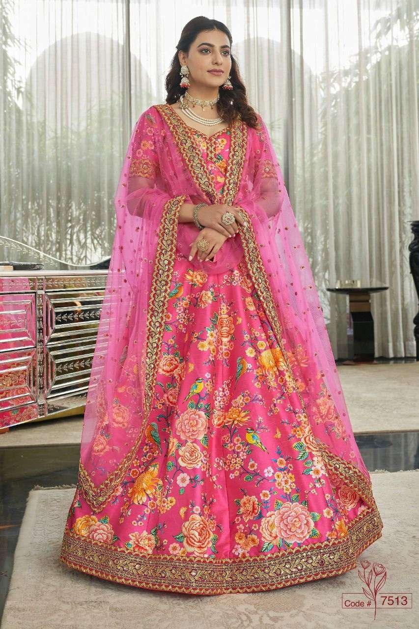 DESIGNER FANCY NEW TRENDY PARTY WEAR PINK ART SILK PRINTED LEHENGA CHOLI DST ZEEL CLOTHING CARNATION 7213