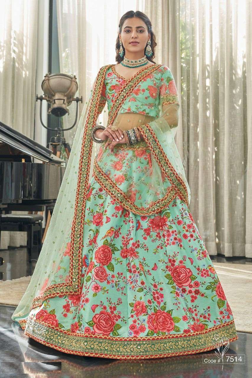 DESIGNER FANCY NEW TRENDY PARTY WEAR PISTA ART SILK PRINTED LEHENGA CHOLI DST ZEEL CLOTHING CARNATION 7214