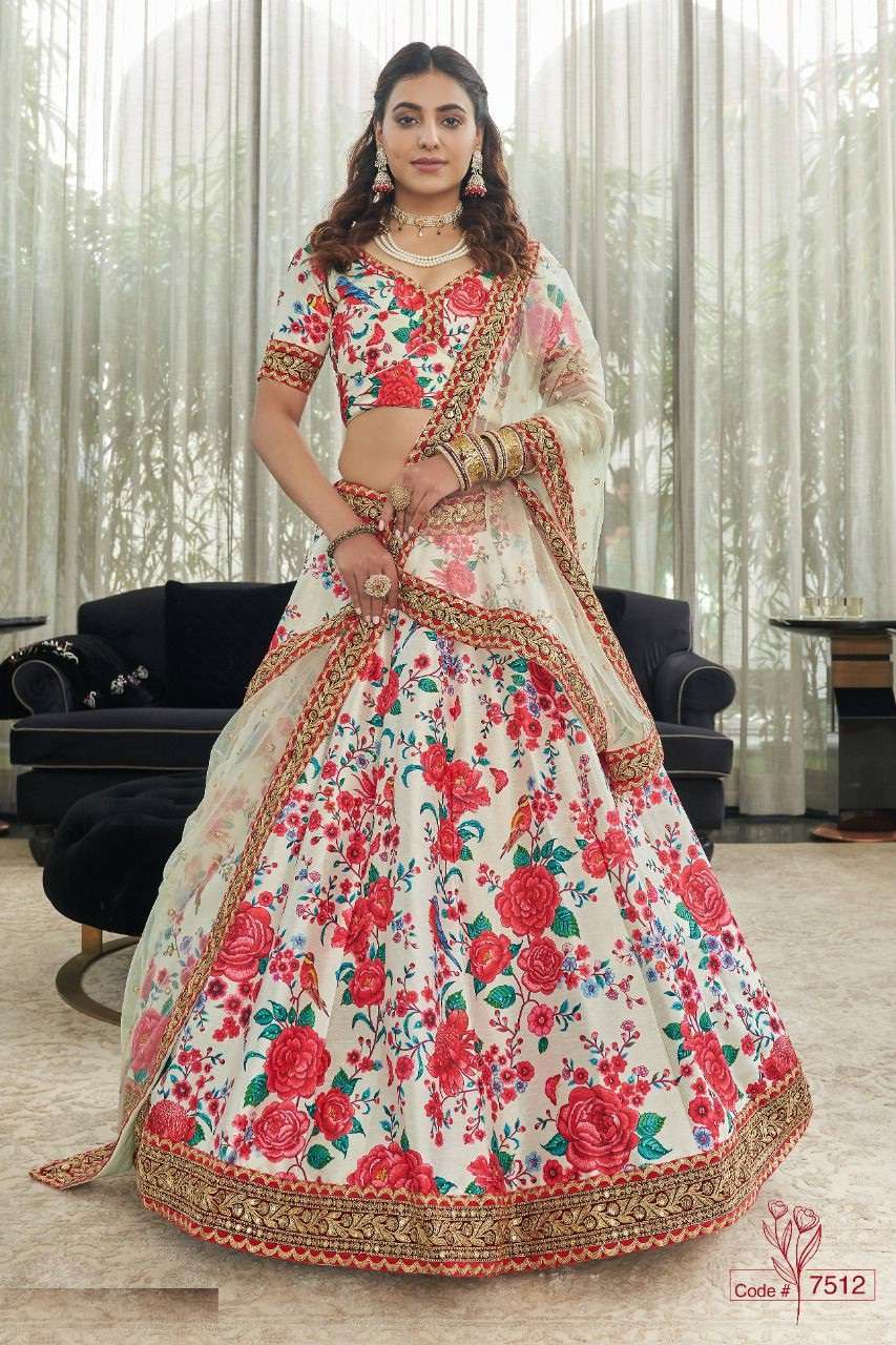 DESIGNER FANCY NEW TRENDY PARTY WEAR RED ART SILK PRINTED LEHENGA CHOLI DST ZEEL CLOTHING CARNATION 7212