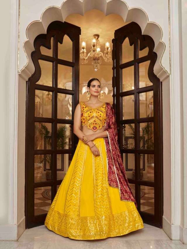 DESIGNER FANCY NEW TRENDY PARTY WEAR YELLOW GEORGETTE LEHENGA CHOLI KF BRIDESMAID 2206