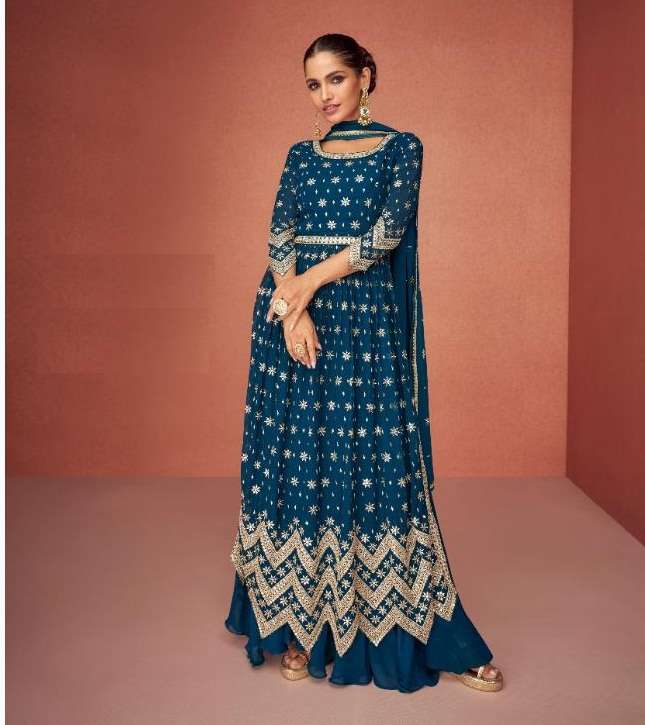 DESIGNER FANCY PARTY WEAR BLUE SHARARA PALAZZO GEORGETTE SALWAR SUIT AF AROMA 9426