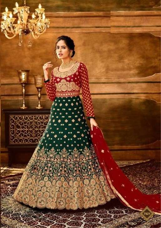 DESIGNER FANCY PARTY WEAR GREEN LONG ANARKALI GEORGETTE SALWAR SUIT HOTLADY MAAYSHA 7921