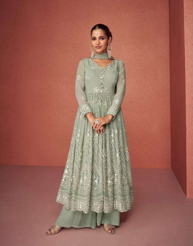 DESIGNER FANCY PARTY WEAR PISTA SHARARA PALAZZO GEORGETTE SALWAR SUIT AF AROMA 9424