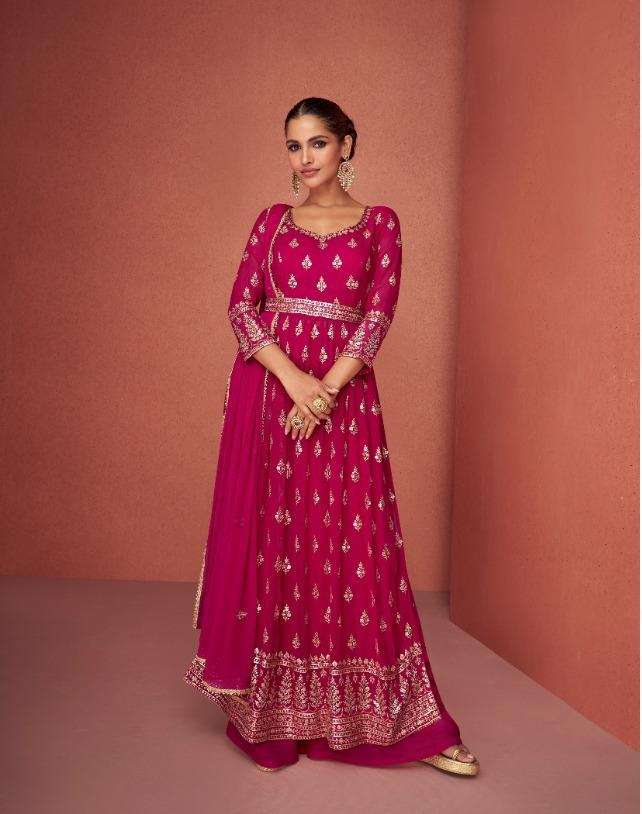 DESIGNER FANCY PARTY WEAR RANI PINK SHARARA PALAZZO GEORGETTE SALWAR SUIT AF AROMA 9425