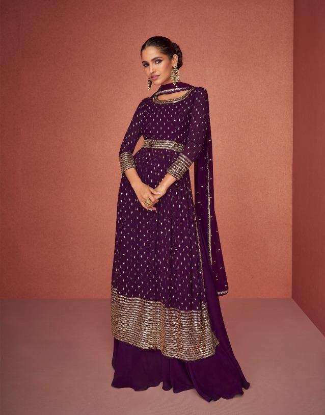 DESIGNER FANCY PARTY WEAR WINE SHARARA PALAZZO GEORGETTE SALWAR SUIT AF AROMA 9423