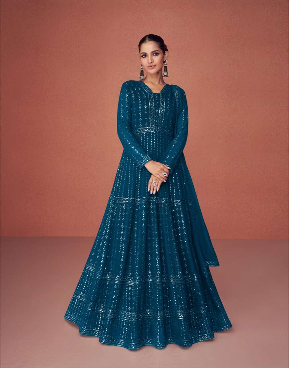 DESIGNER FANCY RAMA BLUE LONG ANARKALI GOWN SALWAR SUIT FOR WEDDING PARTY WEAR IN GEORGETTE FABRIC AF SEASON 9458