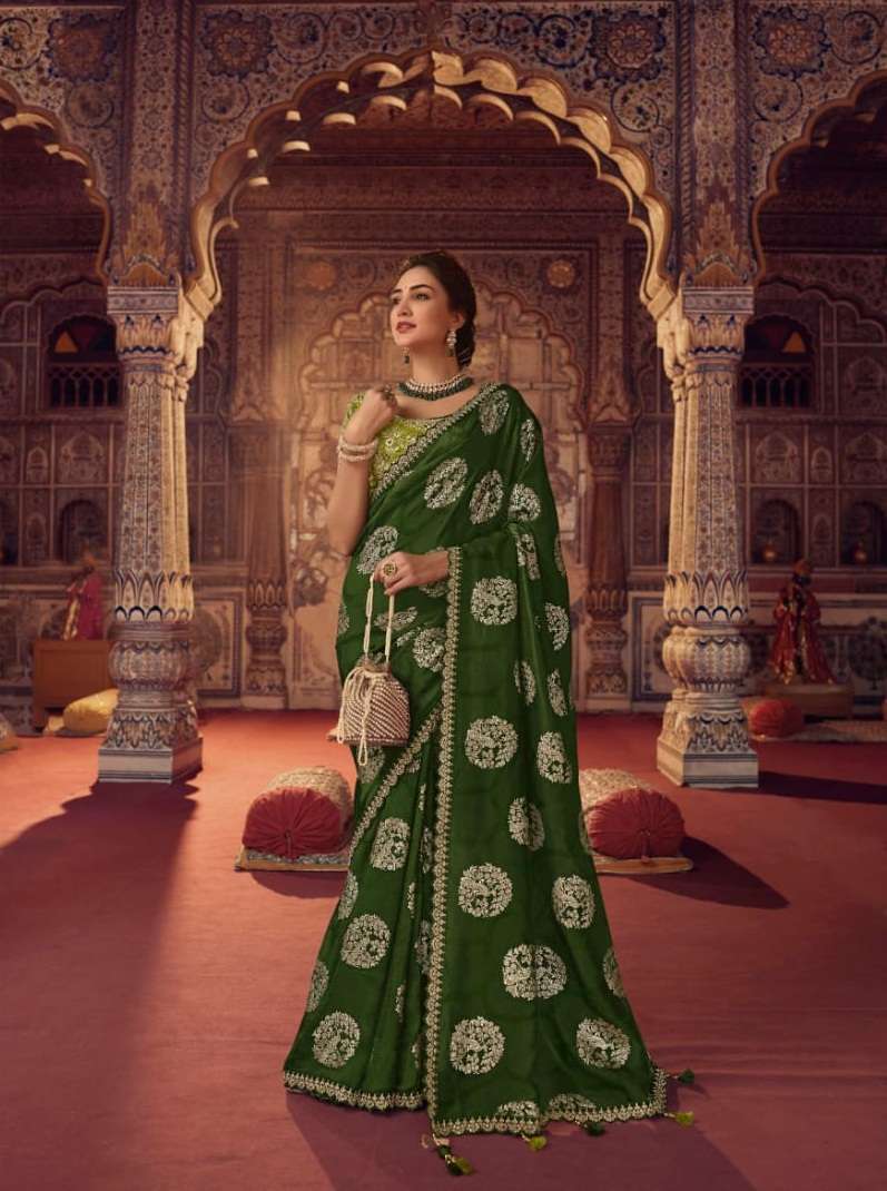 DESIGNER FANCY WEDDING GREEN PARTY WEAR DESIGNER BANARASI SILK SAREE SM SULAKSHMI OLIVA 7812