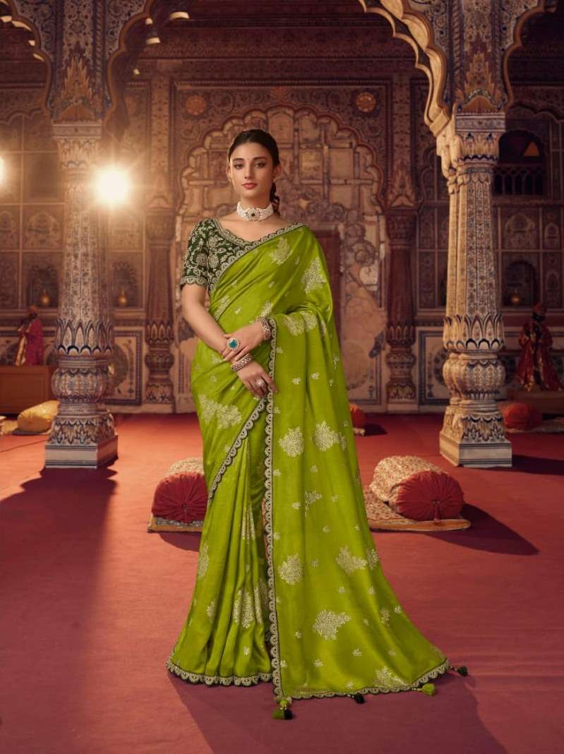 DESIGNER FANCY WEDDING GREEN PARTY WEAR GREEN DESIGNER BANARASI SILK SAREE SM SULAKSHMI OLIVA 7802