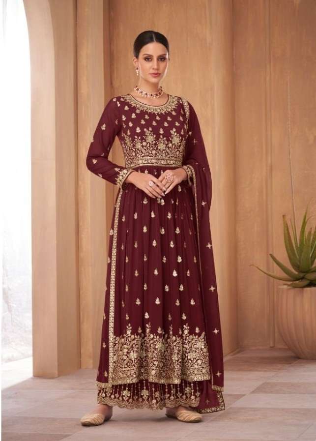 DESIGNER FANCY WEDDING PARTY WEAR GEORGETTE MAROON SHARARA SALWAR SUIT GULKARIYA NAYRA 7185 B