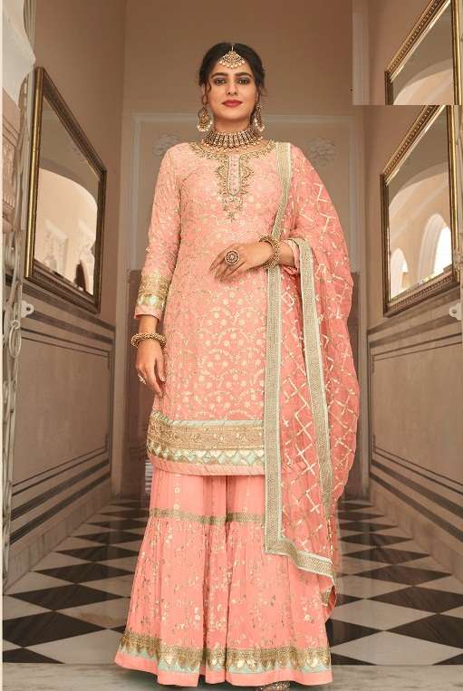 DESIGNER FANCY WEDDING PARTY WEAR GEORGETTE ORANGE SHARARA SALWAR SUIT RH ARMANI 1486