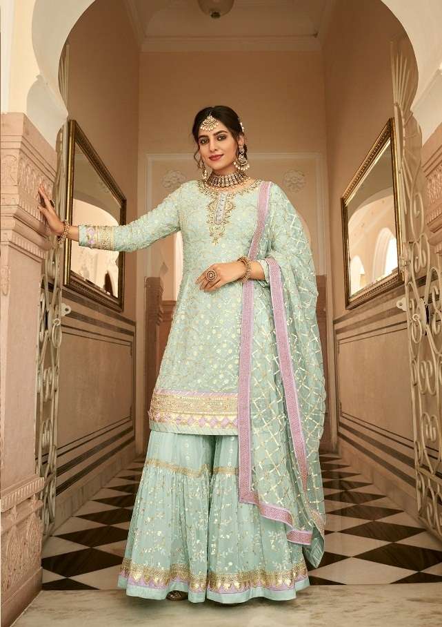 DESIGNER FANCY WEDDING PARTY WEAR GEORGETTE PISTA COLOR SHARARA SALWAR SUIT RH ARMANI 1484